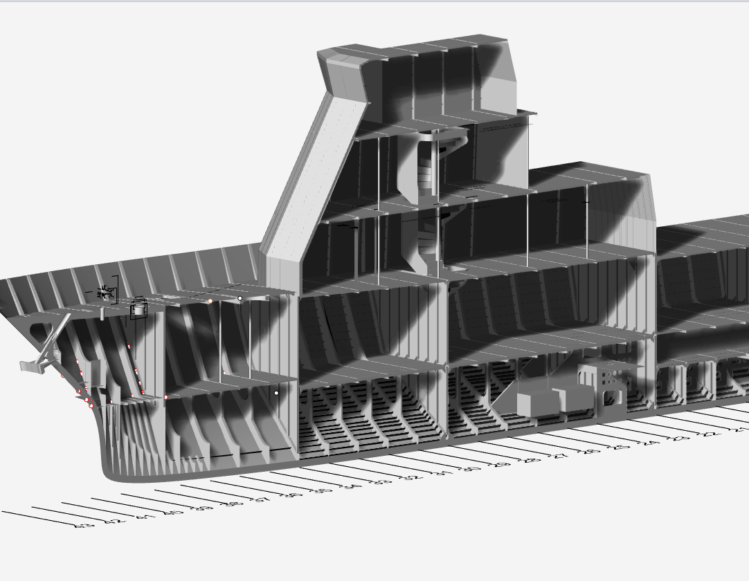 Vessel structural cutaway showing hull frames, bulkheads and decks